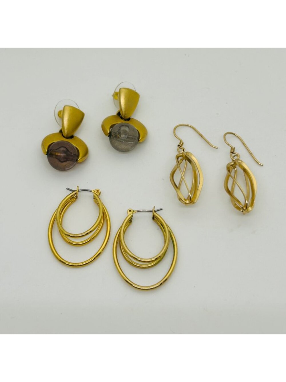 Modernist Gold Tone Acrylic Grey Orb Drop Dangle Hoop Pierced Earring 3 Pair Lot